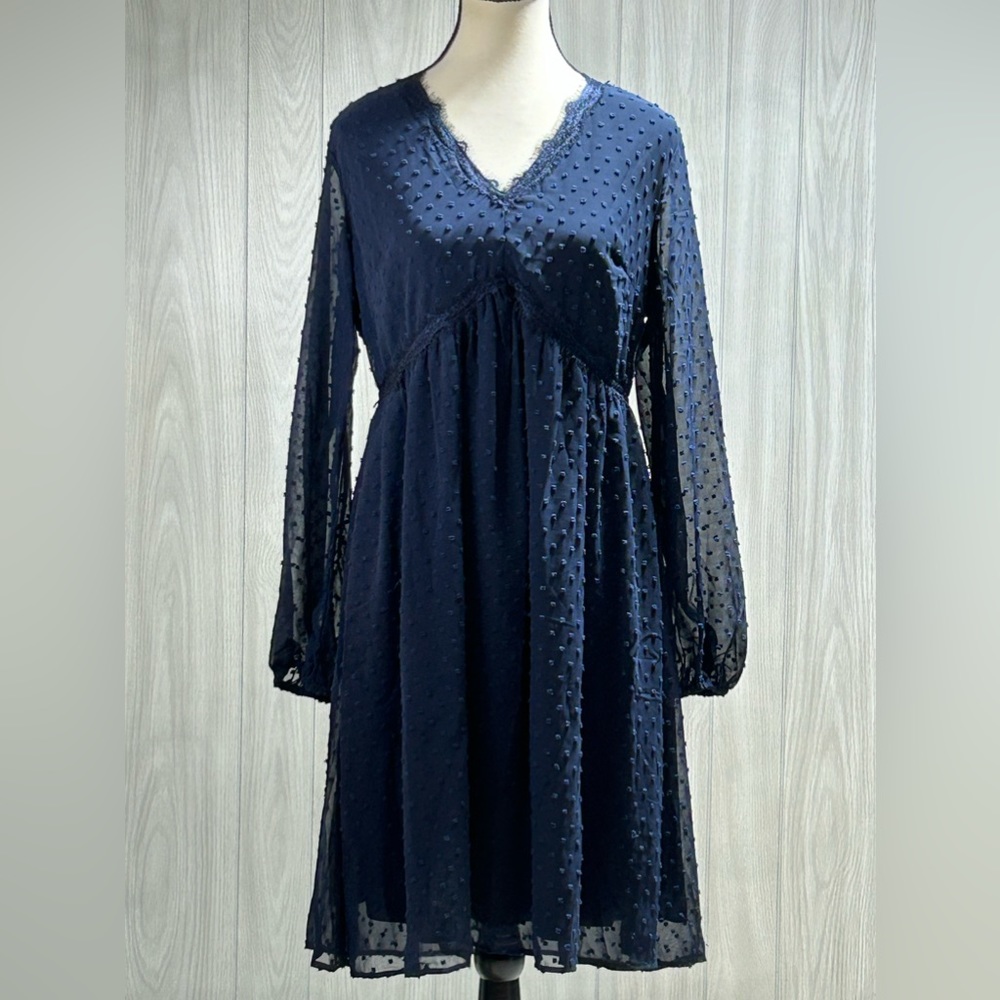 Jasambac Women's V-Neck Swiss Dot Navy Dress size medium